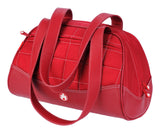 A red duffel with white stitching made with premium ballistic nylon with faux-leather detail and interior pockets for wallet, pens and phone. Soft faux-leather shoulder straps, quilted design and printed interior lining.