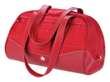 A red Small Sumo Duffel w/ white stitching made of ballistic nylon w/ faux-leather detail, interior pockets, Soft faux-leather shoulder straps, quilted design & printed interior lining.