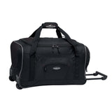Black 22" Adventure Rolling Duffel bag w/ in-line blade wheels, pull up handle & Padded carry handle.