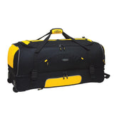 Black & yellow 30" Adventure 2-Section Drop-Bottom Rolling Duffel, In-line blade wheels, telescopic handle & 2-section drop bottom.