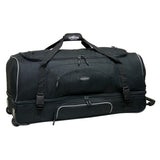 A Black 36" Adventure 2-Section Drop Bottom Rolling Duffel Bag. In-line blade wheels, telescopic handle & Shoe pocket.