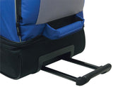A blue & grey 36" Adventure 2-Section Drop Bottom Rolling Duffel Bag. In-line blade wheels, telescopic handle & Shoe pocket.