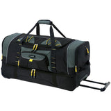 A black & green 30"/36" TPRC 2-Section Drop Bottom Rolling Duffel Bag w/ telescopic handle, in-line blade wheels & 2-section drop-bottom.