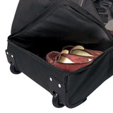 An open black & green 30"/36" TPRC 2-Section Drop Bottom Rolling Duffel Bag w/ telescopic handle, in-line blade wheels & 2-section drop-bottom.
