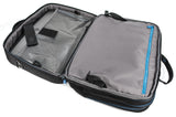 An open black high density nylon 17" Alienware Vindicator 2.0 Laptop Briefcase w/ alien logo, padded tablet pocket, padded laptop compartment, removable non-slip padded shoulder strap & top load nylon carrying handles