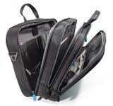 An open black high density nylon 17" Alienware Vindicator 2.0 Laptop Briefcase w/ alien logo, padded tablet pocket, padded laptop compartment, removable non-slip padded shoulder strap & top load nylon carrying handles