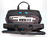 An open back view of black 1680D Ballistic Nylon 15" Alienware Vindicator 2.0 Laptop Briefcase w/ storage for your laptop, tablet, documents & accessories & removable non-slip padded shoulder strap.