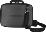A back view of a 13"-14" black Alienware Vindicator slim laptop carrying case w/alien logo & black, padded shoulder strap.