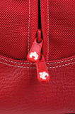 A red Small Sumo Duffel w/ white stitching made of ballistic nylon w/ faux-leather detail, interior pockets, Soft faux-leather shoulder straps, quilted design & printed interior lining.
