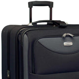 Top of black 6-piece softside Sky View Expandable Luggage Value Set w/ push-button recessed locking handle system, fully-lined interior, In-line blade wheels & 2 front accessory pockets. Set includes three pieces of luggage that are 28", 24" and 20",  a 16" boarding tote, 11” travel kit, and 16” drawstring shoe bag.