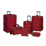 A red 6-piece softside Sky View Expandable Luggage Value Set w/ push-button recessed locking handle system, fully-lined interior, In-line blade wheels & 2 front accessory pockets. Set includes three pieces of luggage that are 28", 24" and 20",  a 16" boarding tote, 11” travel kit, and 16” drawstring shoe bag.