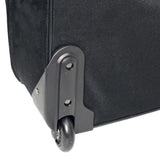 Bottom of 6-piece softside Sky View Expandable Luggage Value Set w/ push-button recessed locking handle system, fully-lined interior, In-line blade wheels & 2 front accessory pockets. Set includes three pieces of luggage that are 28", 24" and 20",  a 16" boarding tote, 11” travel kit, and 16” drawstring shoe bag.