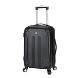 A black 20" Chicago Hardside Expandable Spinner Carry-On luggage w/ double spinner wheels, top corner guards & telescopic push-button trolley handle, fully-lined interior w/ elastic tie straps & zippered garment divider.