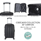 A blue 20" hardside carry-on luggage with double spinner wheels, top corner guards and telescopic push-button trolley handle. It has a fully-lined interior with elastic tie straps and zippered garment divider to segregate clothing.