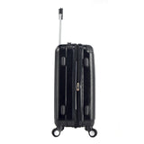 Side view of black 2 pc Chicago Expandable Spinner Luggage Set w/  (8) double-spinner wheel system, accessory pockets, corner bumper guards & Telescopic push-button trolley handle.