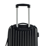 Back view of black 2 pc Chicago Expandable Spinner Luggage Set w/  (8) double-spinner wheel system, accessory pockets, corner bumper guards & Telescopic push-button trolley handle.