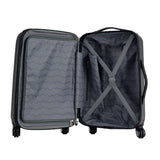 An open black 2 pc Chicago Expandable Spinner Luggage Set w/  (8) double-spinner wheel system, accessory pockets, corner bumper guards & Telescopic push-button trolley handle.