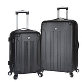 A black 2 pc Chicago Expandable Spinner Luggage Set w/  (8) double-spinner wheel system, accessory pockets, corner bumper guards & Telescopic push-button trolley handle.