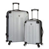 A silver 2 pc Chicago Expandable Spinner Luggage Set w/  (8) double-spinner wheel system, accessory pockets, corner bumper guards & Telescopic push-button trolley handle.