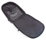 An open 1680 Denier Ballistic Nylon black 17.3" Alienware Orion Laptop Backpack M17 w/ padded shoulder straps, alien logo, Ergonomic backing, rubberized handles & shoulder straps & Wireless Security Shield