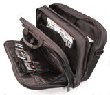An open 1680 denier ballistic nylon black 17.3" Alienware Orion Laptop Messenger M17 w/ Trolley strap for use w/ rolling luggage, Semi-Rigid front panel, many interior pockets, Ergonomic shoulder strap & reinforced handles