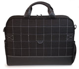 A black 16" Sumo Pro Laptop Briefcase w/ white stitching & removable shoulder strap, center mounted, computer compartment that will hold up to a 17” MacBook Pro or 16" PC laptops & multiple pockets for accessories & files.