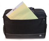 A black 16" Sumo Pro Laptop Briefcase w/ white stitching & removable shoulder strap, center mounted, computer compartment that will hold up to a 17” MacBook Pro or 16" PC laptops & multiple pockets accessories & a legal pad in exterior pocket showing..
