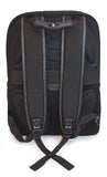 A back view of professional black 17" Sumo Traveler Laptop Backpack w/ white stitching, ballistic nylon w/ faux leather bottom & accents, Padded corduroy computer compartment fits up to 17” laptops, multiple pockets for accessories & files.