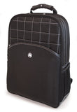 A professional black 17" Sumo Traveler Laptop Backpack w/ white stitching, ballistic nylon w/ faux leather bottom & accents, Padded corduroy computer compartment fits up to 17” laptops, multiple pockets for accessories & files.