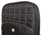 A professional black 17" Sumo Traveler Laptop Backpack w/ white stitching, ballistic nylon w/ faux leather bottom & accents, Padded corduroy computer compartment fits up to 17” laptops, multiple pockets for accessories & files.
