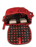 An open red women's 14.1"-15" Sumo Combo Backpack. Red separate, padded & fleece lined pockets for both a laptop and a tablet. Front & side pockets draw-string opening w/ secure flap.