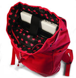 An open red women's Laptop/Tablet 14.1"-15" Sumo Combo Backpack. Red separate, padded & fleece lined pockets for both a laptop and a tablet. Front & side pockets draw-string opening w/ secure flap.