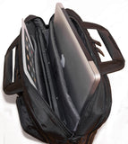 An open black 16" Corporate Laptop Briefcase w/ multiple padded compartments for laptops & travel gear.