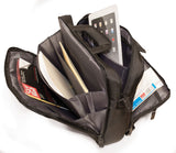 An open black 16" Corporate Laptop Briefcase w/ multiple padded compartments for laptops & travel gear.