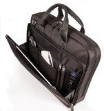 An opened black 16" Select Nylon Laptop Briefcase w/ Ballistic Nylon exterior, Padded computer compartment, Workstation, Interior file section for folders, binders, magazines, Trolley strap for use with rolling luggage, Leather wrapped handles & matching removable shoulder strap