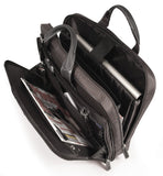 An opened black 16" Select Nylon Laptop Briefcase w/ Ballistic Nylon exterior, Padded computer compartment, Workstation, Interior file section for folders, binders, magazines, Trolley strap for use with rolling luggage, Leather wrapped handles & matching removable shoulder strap