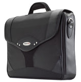 A black leather & ballistic nylon 15.6" Select laptop Briefcase. Built-in elastic shoulder strap system, padded laptop pocket & multiple zippered compartments.
