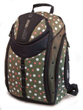 An Eco-Friendly women's 16" Eco-Friendly Express Backpack w/ white & pink dots on a green background, ergonomic straps & ventilated back panel & a protective computer compartment.