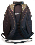 A back view of Eco-Friendly women's 16" Eco-Friendly Express Backpack w/ white & pink dots on a green background, ergonomic straps & ventilated back panel & a protective computer compartment.