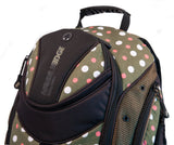 An Eco-Friendly women's 16" Eco-Friendly Express Backpack w/ white & pink dots on a green background, ergonomic straps & ventilated back panel & a protective computer compartment.