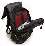 An open 1680 Denier Ballistic Nylon black 17.3" Premium Laptop Backpack w/ Cool-Mesh ventilated back panel & Safety Cell Computer Compartment.