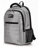 A silver 1680D Nylon 16" SmartPack Backpack w/ Fleece Lined Pouch for a Tablet, Ergonomic Ventilated Back Panel, Padded Shoulder Straps & Carry Handle & Exterior Mesh Water-Bottle Pockets