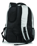 A back view of a silver 1680D Nylon 16" SmartPack Backpack w/ Fleece Lined Pouch for a Tablet, Ergonomic Ventilated Back Panel, Padded Shoulder Straps & Carry Handle & Exterior Mesh Water-Bottle Pockets