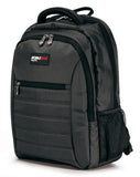 A charcoal 1680D Nylon 16" SmartPack Backpack w/ Fleece Lined Pouch for a Tablet, Ergonomic Ventilated Back Panel, Padded Shoulder Straps & Carry Handle & Exterior Mesh Water-Bottle Pockets