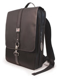 A black microfiber 16" Paris Slimline women's laptop Backpack w/ Ventilated & Padded Rear Panel, Ergonomic Shoulder Straps, Removable Accessories/Cosmetics Pouch w/ Leather accents