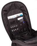 An open black 14" Eco-Friendly Canvas made from all-natural cotton canvas & recycled plastic fittings w/ padded computer compartment & adjustable shoulder strap.