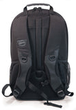 A back view of black 14" Eco-Friendly Canvas made from all-natural cotton canvas & recycled plastic fittings w/ padded computer compartment & adjustable shoulder strap.