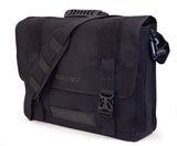 A black all-natural cotton canvas 17" Eco-Friendly Laptop Messenger Bag w/ padded computer compartment & adjustable detachable shoulder strap, Padded Back Panel & Rubberized Handle, Full-Size Back Pocket