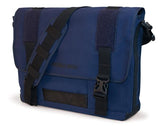 A navy all-natural cotton canvas 17" Eco-Friendly Laptop Messenger Bag w/ padded computer compartment, adjustable detachable shoulder strap, Padded Back Panel, Rubberized Handle, Full-Size Back Pocket