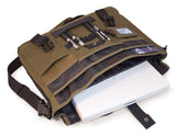 An open olive all-natural cotton canvas 17" Eco-Friendly Laptop Messenger Bag w/ padded computer compartment, adjustable detachable shoulder strap, Padded Back Panel, Rubberized Handle, Full-Size Back Pocket
